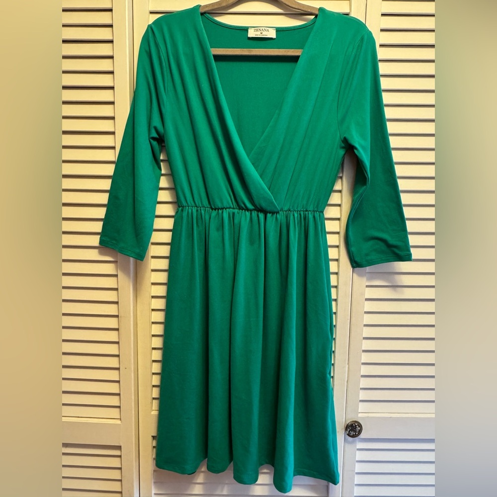 Zenana Medium green V-Neck Dress with Stretch Waist. PTP 16”